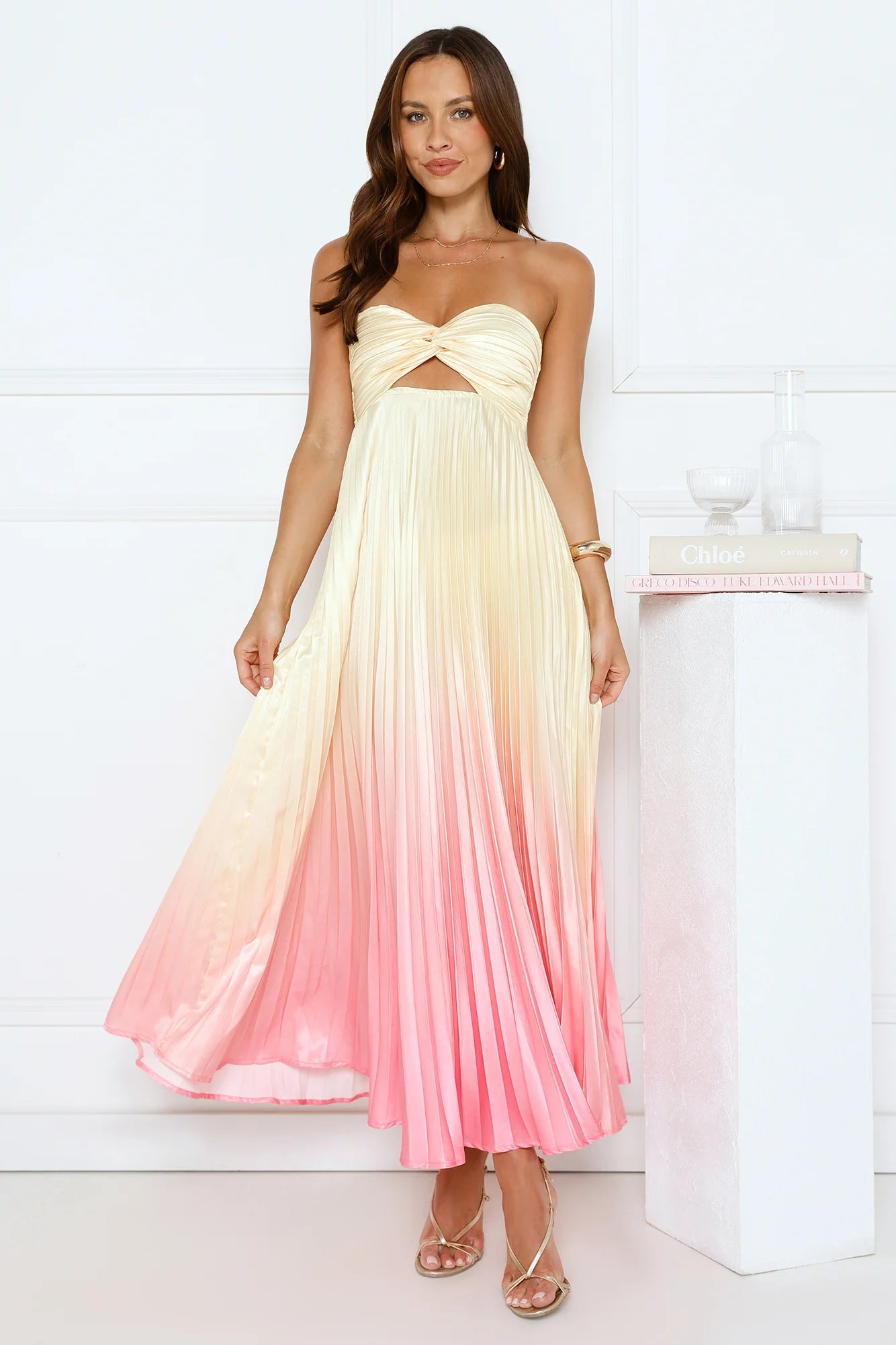 Dreamy Cream-to-Pink Ombre Pleated Maxi Dress with Strapless Twisted Bust, Front Cutout, Double Strap Open Back and Flowy Satin Skirt