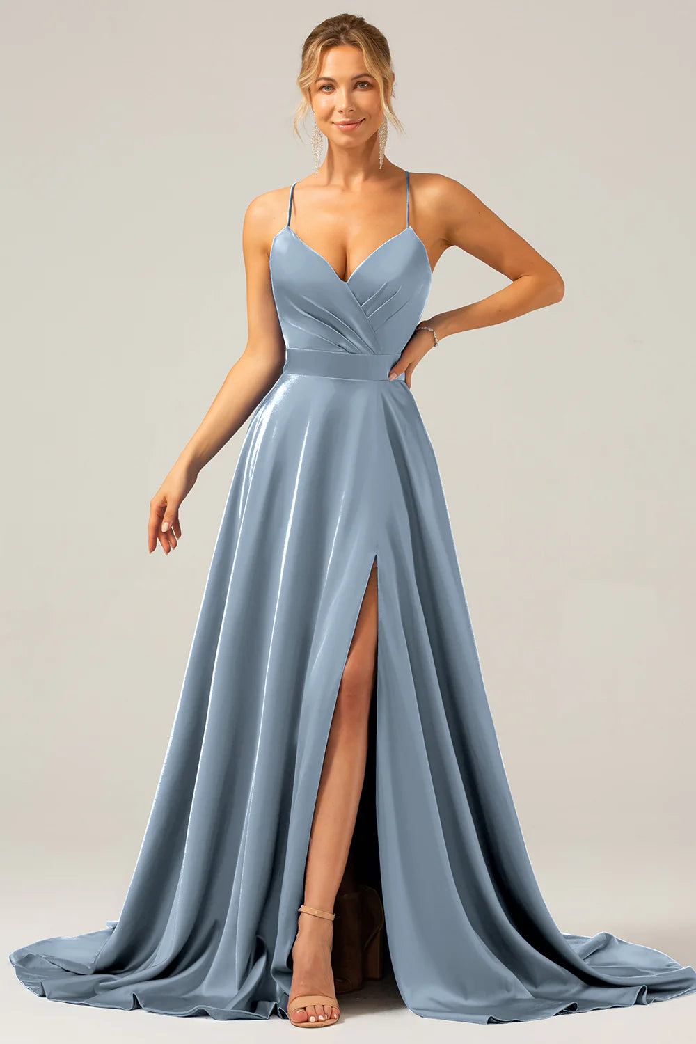 A-line V-neck pleated satin bridesmaid dress with slit