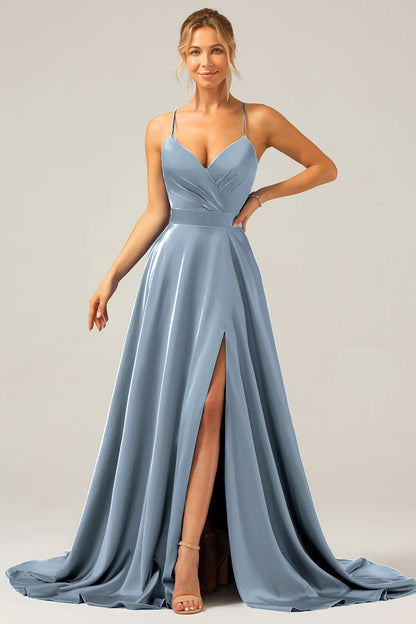 A-line V-neck pleated satin bridesmaid dress with slit