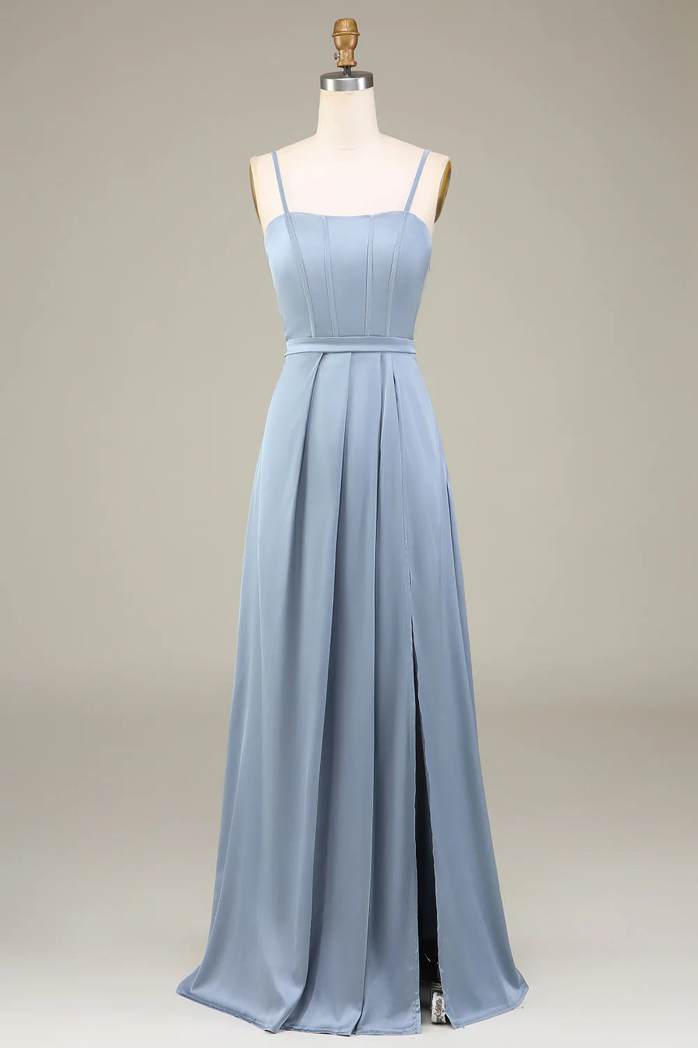 Dusty Blue A-Line Spaghetti Straps Satin Long Bridesmaid Dress With Pleated