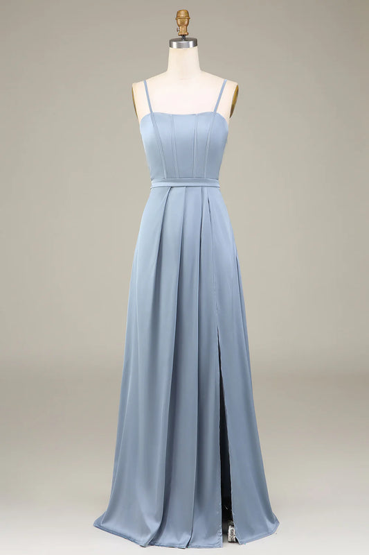 Dusty Blue A-Line Spaghetti Straps Satin Long Bridesmaid Dress With Pleated