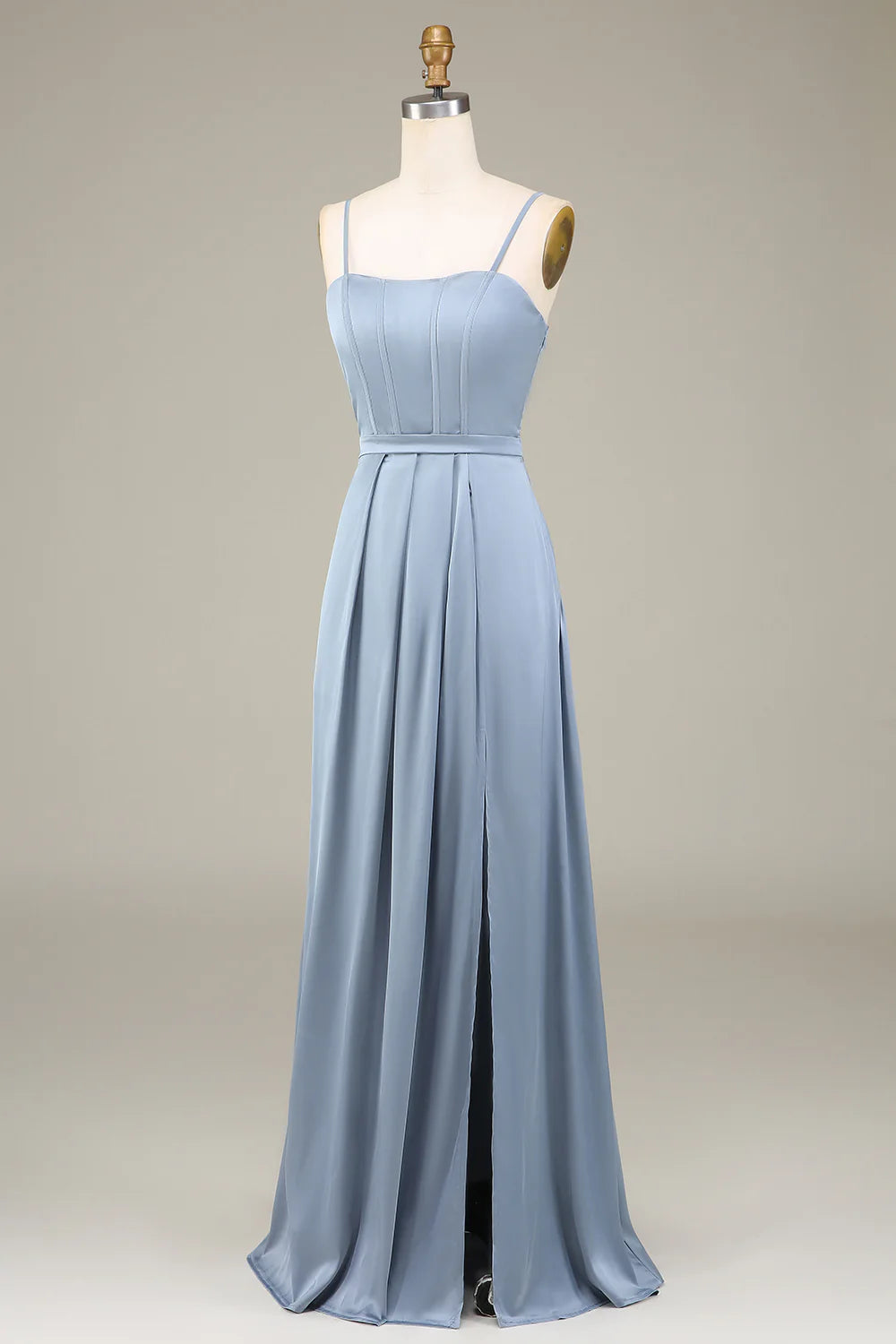 Dusty Blue A-Line Spaghetti Straps Satin Long Bridesmaid Dress With Pleated