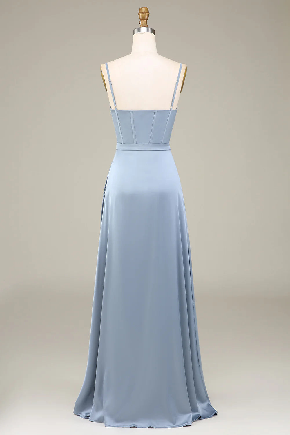 Dusty Blue A-Line Spaghetti Straps Satin Long Bridesmaid Dress With Pleated