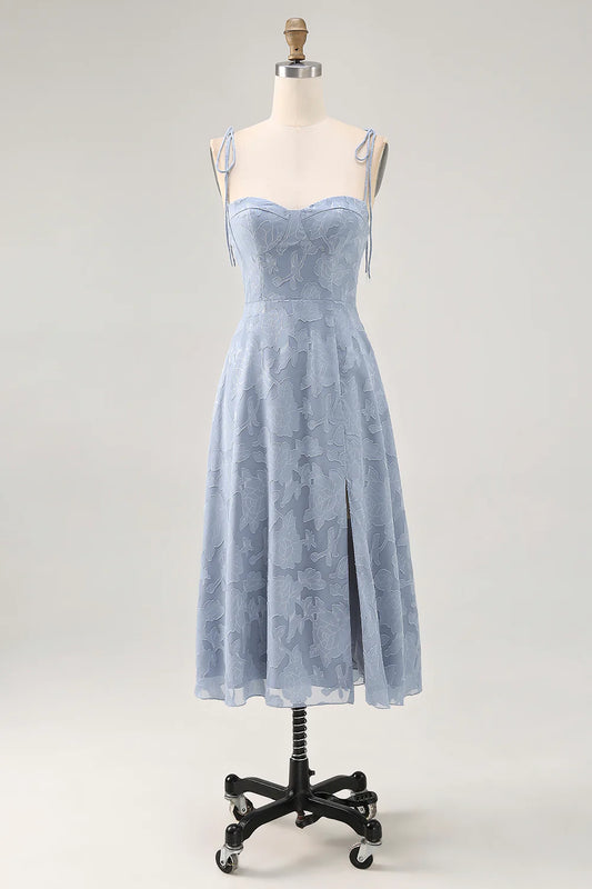 Dusty Blue A Line Spaghetti Straps Bridesmaid Dress with Slit