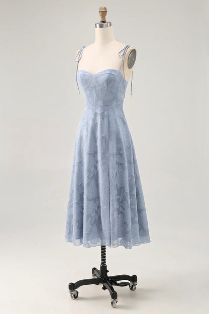 Dusty Blue A Line Spaghetti Straps Bridesmaid Dress with Slit