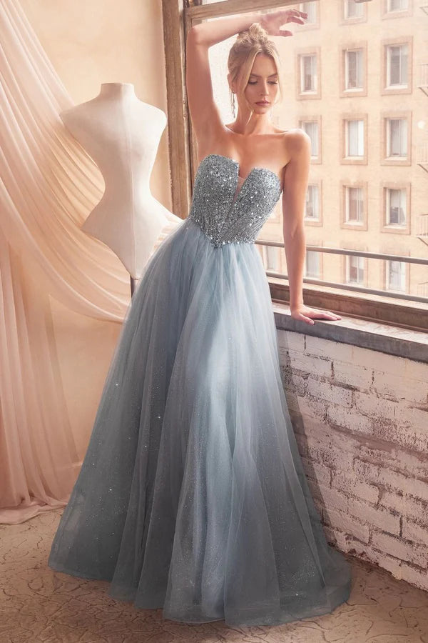 Dusty Blue Beaded Strapless Glitter Tulle Ball Gown Maxi Evening Dresses