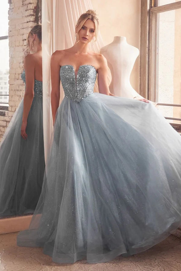 Dusty Blue Beaded Strapless Glitter Tulle Ball Gown Maxi Evening Dresses