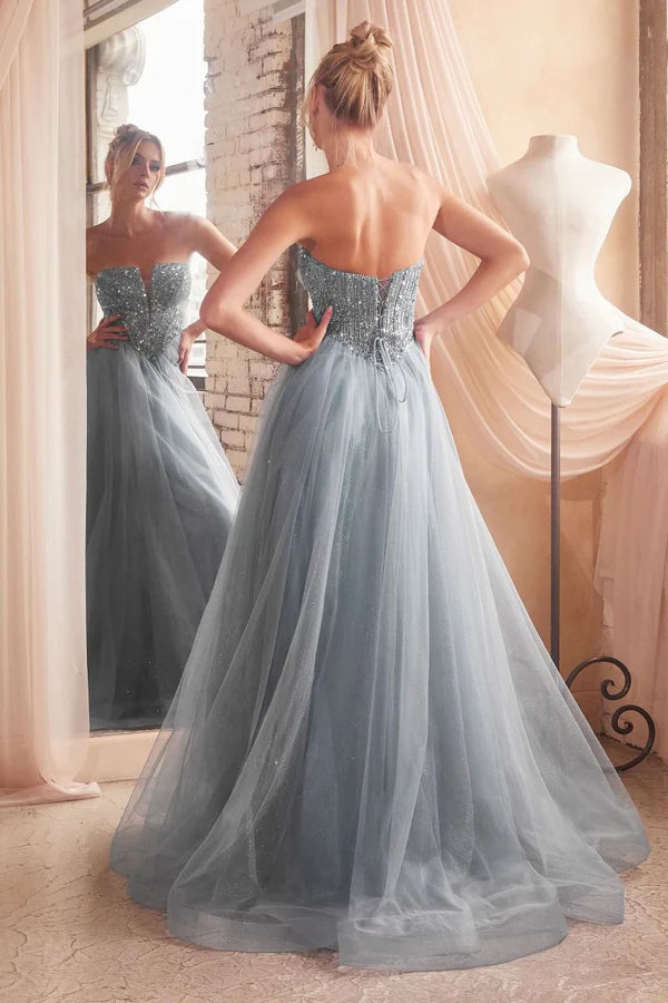 Dusty Blue Beaded Strapless Glitter Tulle Ball Gown Maxi Evening Dresses