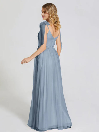 Dusty Blue Chiffon Detachable Bow-knot Straps Tulle Prom Dress Tied Shoulder Straps Sweetheart Neckline Flowy A - Line Skirt and Side Slit