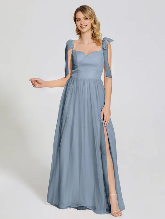 Dusty Blue Chiffon Detachable Bow-knot Straps Tulle Prom Dress Tied Shoulder Straps Sweetheart Neckline Flowy A - Line Skirt and Side Slit