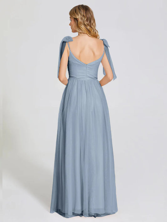 Dusty Blue Chiffon Detachable Bow-knot Straps Tulle Prom Dress Tied Shoulder Straps Sweetheart Neckline Flowy A - Line Skirt and Side Slit