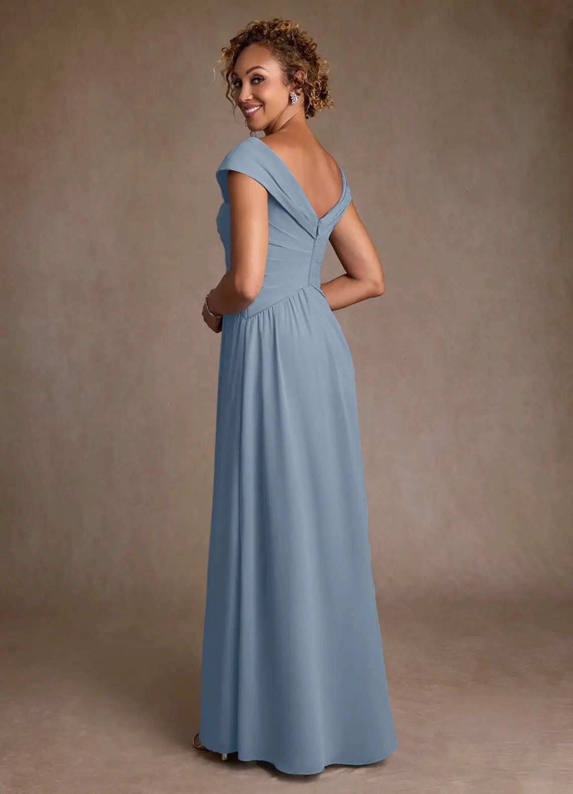 Dusty Blue Chiffon Off-the-Shoulder A-Line Maxi Evening Dresses
