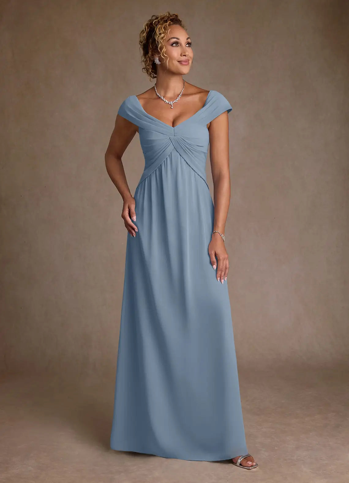 Dusty Blue Chiffon Off-the-Shoulder A-Line Maxi Evening Dresses