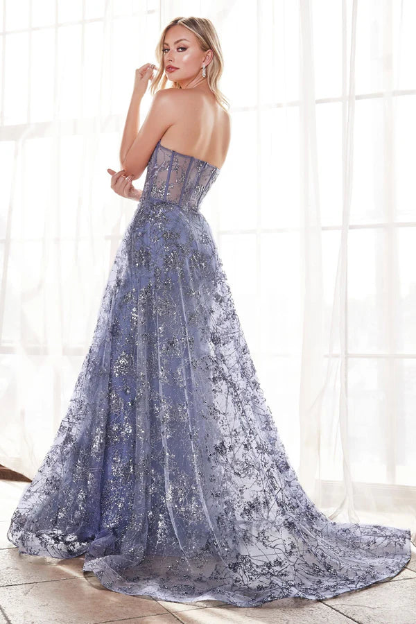 Dusty Blue Floral Embellished Strapless Corset Overlay Tulle Maxi Evening Dresses