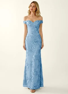 Dusty Blue Floral Lace Off-Shoulder Mermaid Maxi Evening Dresses