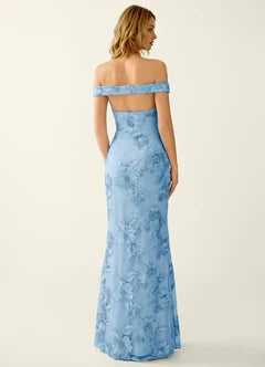 Dusty Blue Floral Lace Off-Shoulder Mermaid Maxi Evening Dresses