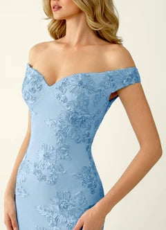 Dusty Blue Floral Lace Off-Shoulder Mermaid Maxi Evening Dresses