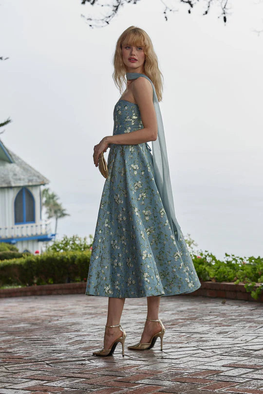 Dusty Blue Floral Print Halter Neck Midi Evening Dresses with Sash