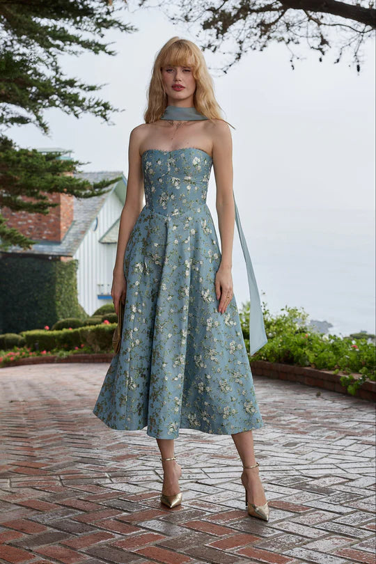 Dusty Blue Floral Print Halter Neck Midi Evening Dresses with Sash
