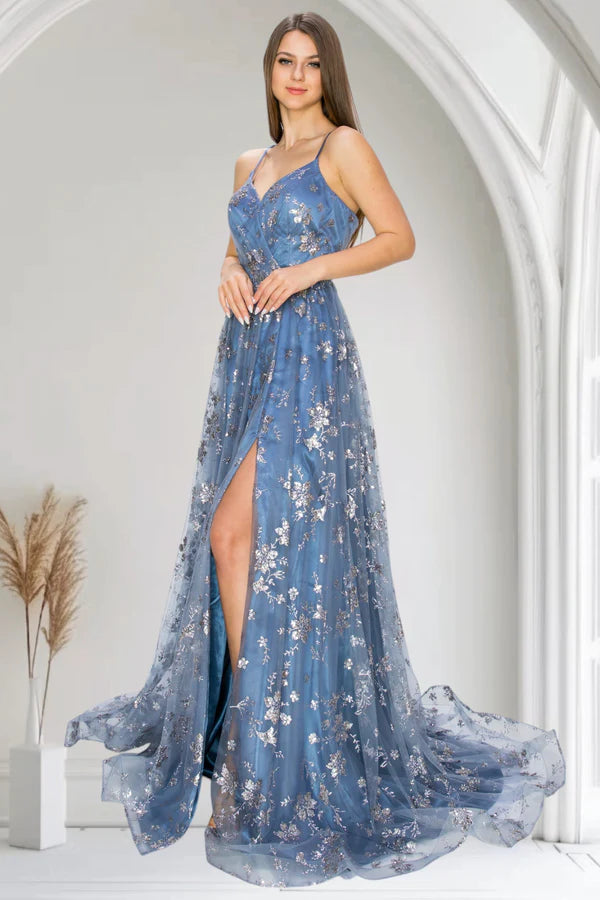 Dusty Blue Floral Sequin Spaghetti Strap Lace-Up Back Slit Maxi Evening Dresses