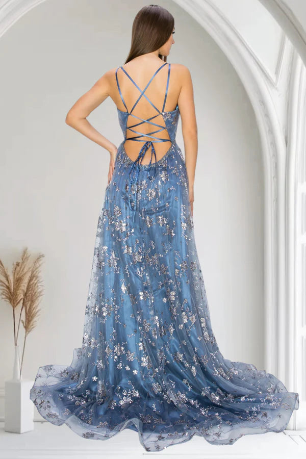 Dusty Blue Floral Sequin Spaghetti Strap Lace-Up Back Slit Maxi Evening Dresses