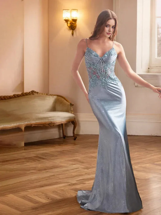 Dusty Blue Glitter Mermaid Lace Prom Dress with Spaghetti Straps Sparkly Sheer Lace Bodice