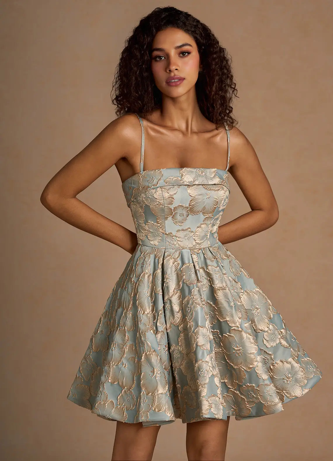 Dusty Blue Jacquard Floral Strapless A-Line Mini Evening Dresses