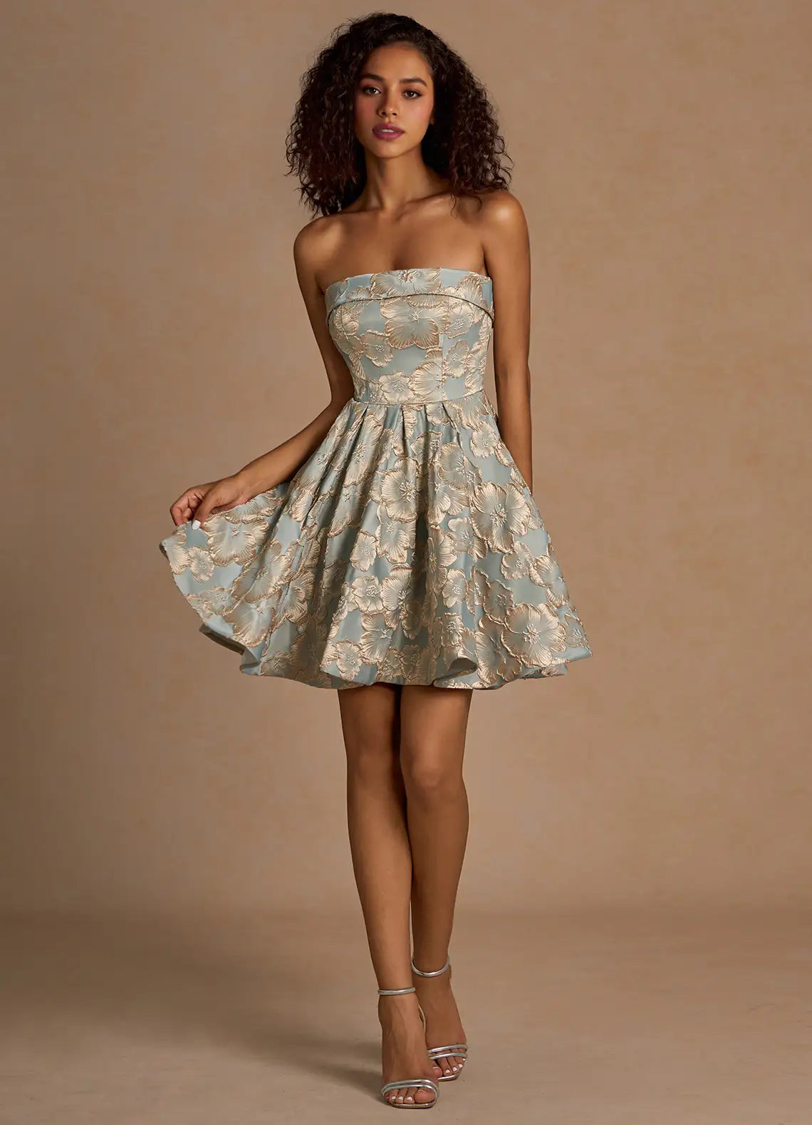 Dusty Blue Jacquard Floral Strapless A-Line Mini Evening Dresses
