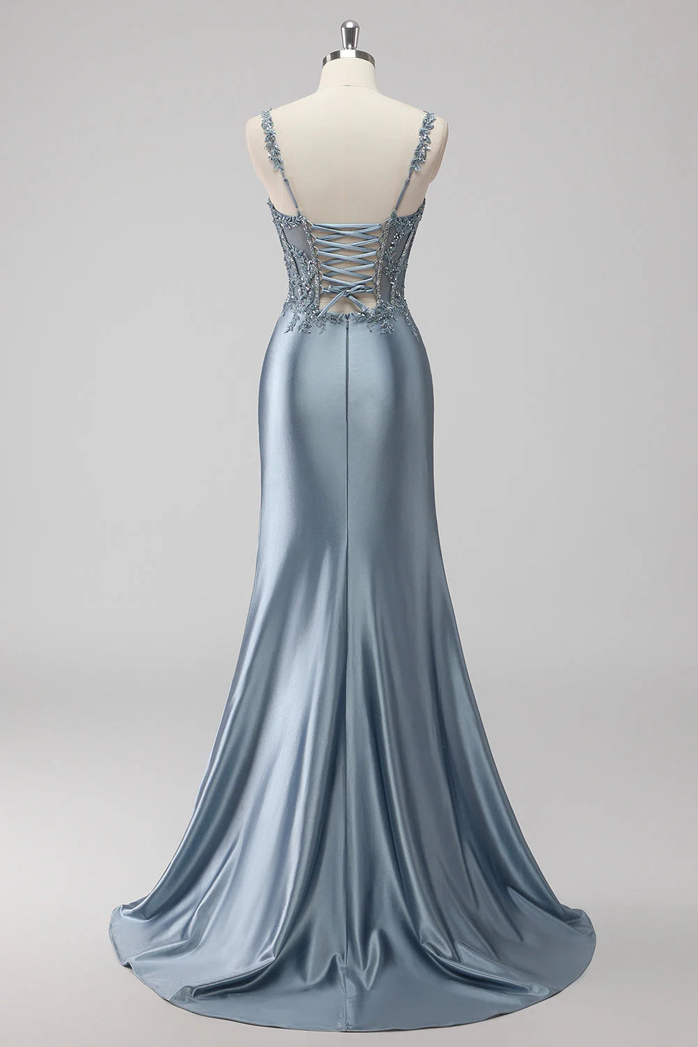 Dusty Blue Lace Applique Spaghetti Strap Lace-Up Back Satin Mermaid Maxi Evening Dresses