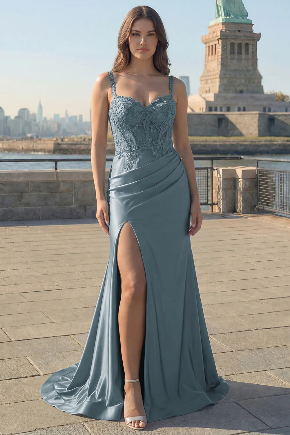 Dusty Blue Lace Applique Spaghetti Strap Lace-Up Back Satin Mermaid Maxi Evening Dresses