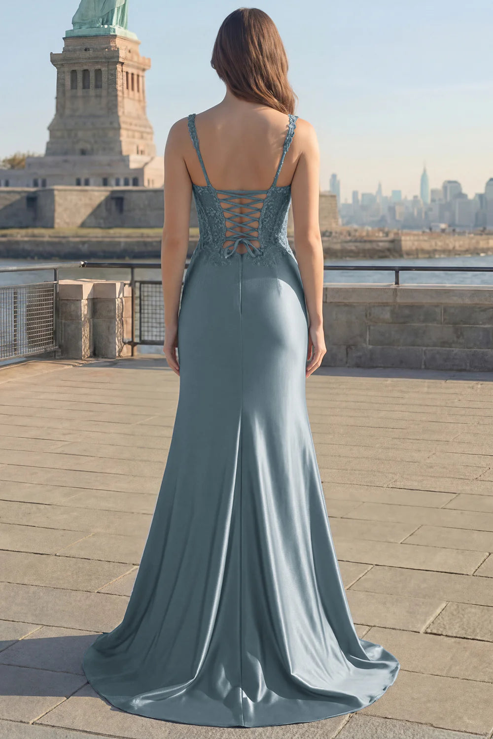 Dusty Blue Lace Applique Spaghetti Strap Lace-Up Back Satin Mermaid Maxi Evening Dresses