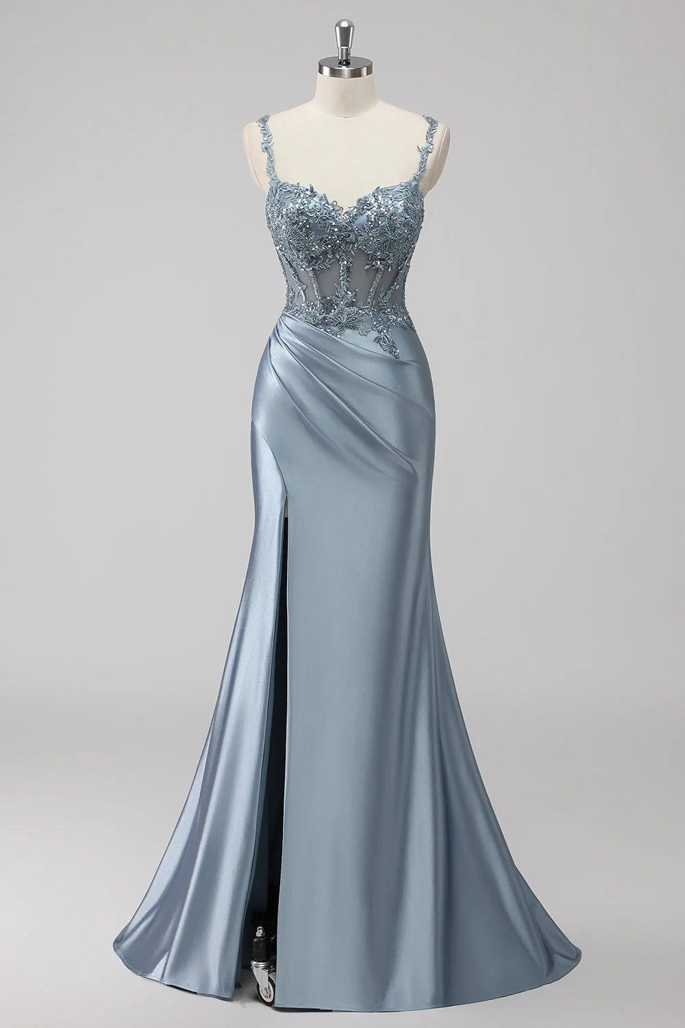 Dusty Blue Lace Applique Spaghetti Strap Lace-Up Back Satin Mermaid Maxi Evening Dresses