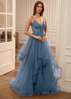Dusty Blue Lace Applique Spaghetti Strap Tiered Tulle A-Line Evening Dresses