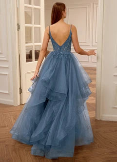 Dusty Blue Lace Applique Spaghetti Strap Tiered Tulle A-Line Evening Dresses