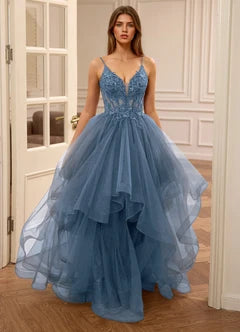 Dusty Blue Lace Applique Spaghetti Strap Tiered Tulle A-Line Evening Dresses