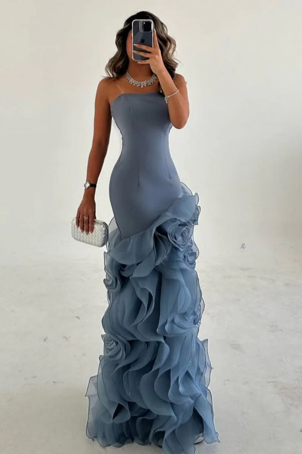 Dusty Blue Mermaid Strapless Lace Up Long Tulle Prom Dress with Ruffle