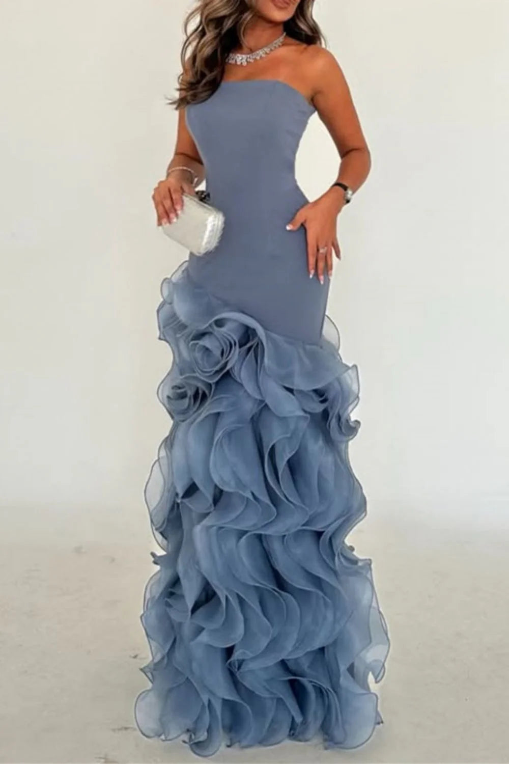 Dusty Blue Mermaid Strapless Lace Up Long Tulle Prom Dress with Ruffle