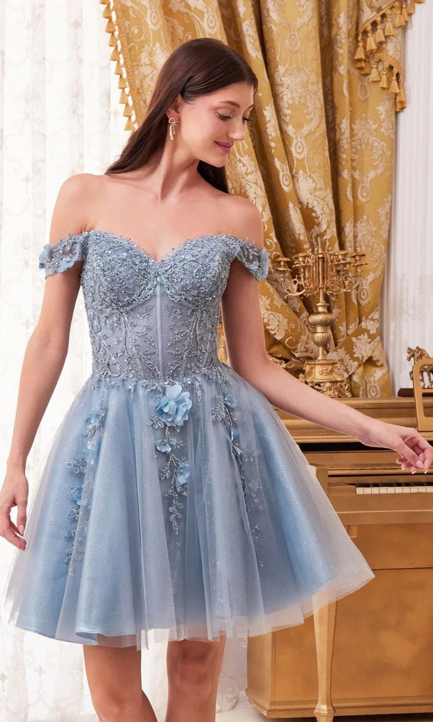Dusty Blue Off-the-Shoulder 3D Floral Glitter Tulle Mini Evening Dresses