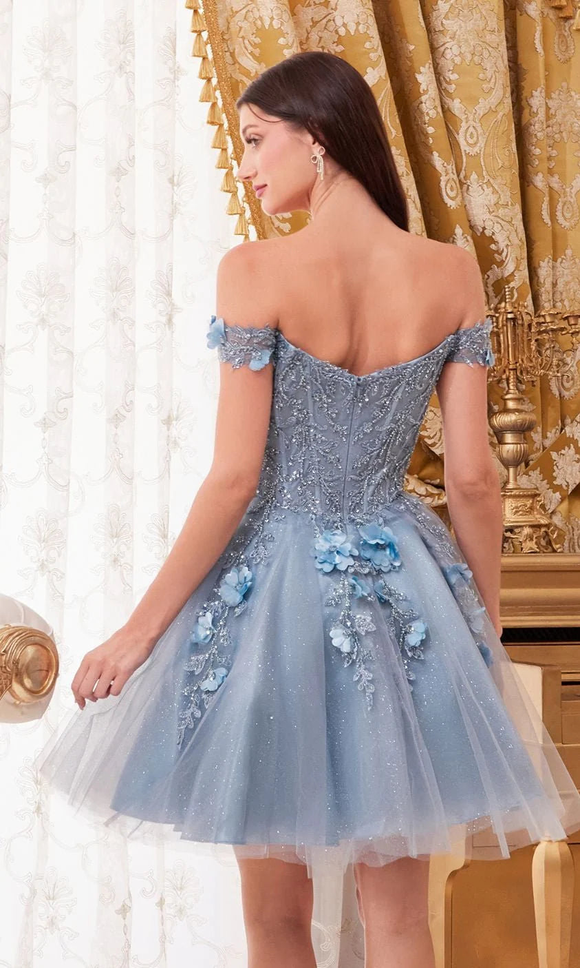 Dusty Blue Off-the-Shoulder 3D Floral Glitter Tulle Mini Evening Dresses