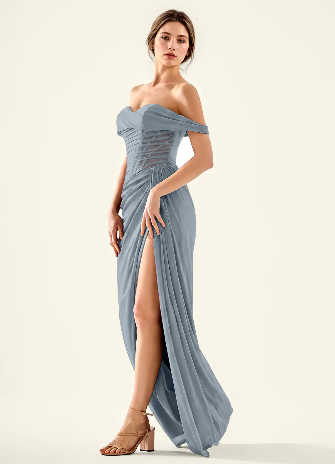 Dusty Blue Off-the-Shoulder Corset Chiffon Evening Dress