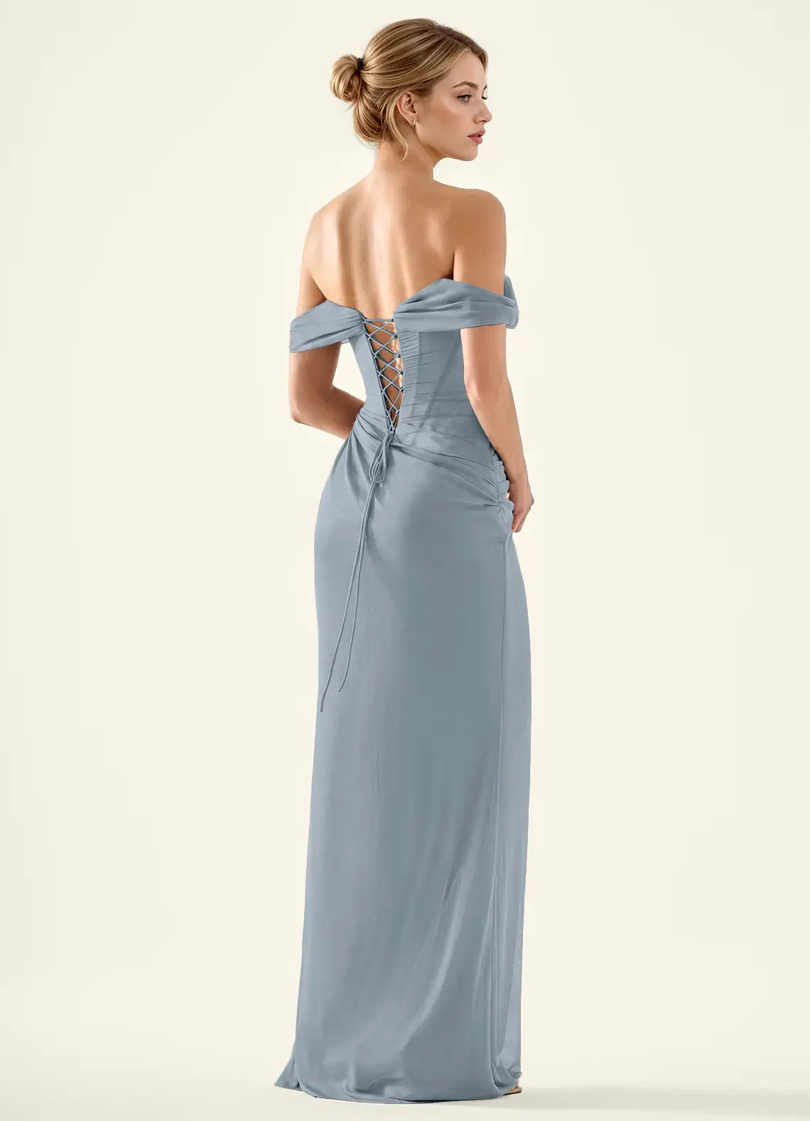 Dusty Blue Off-the-Shoulder Corset Chiffon Evening Dress