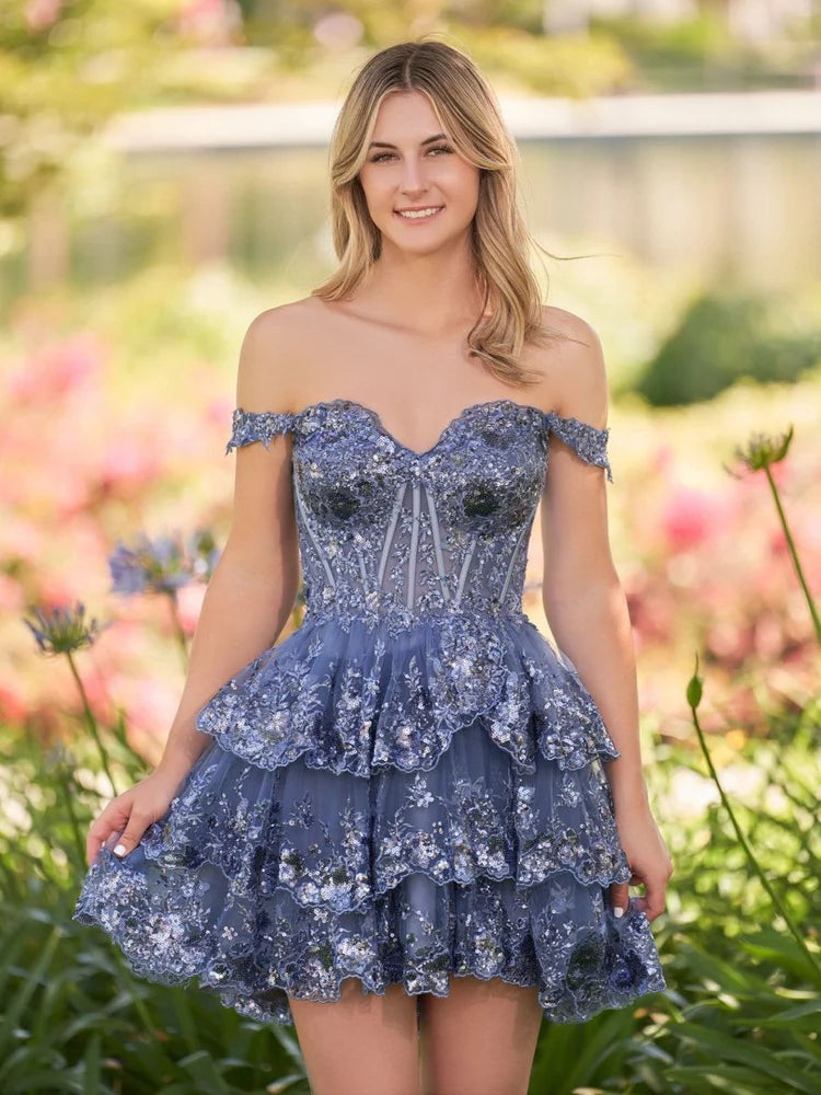 Dusty Blue Off-the-Shoulder Lace Tiered Homecoming Dresses