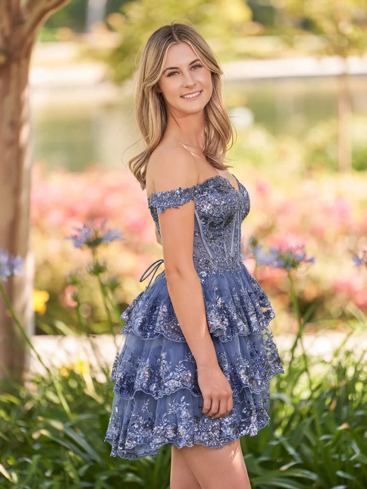 Dusty Blue Off-the-Shoulder Lace Tiered Homecoming Dresses