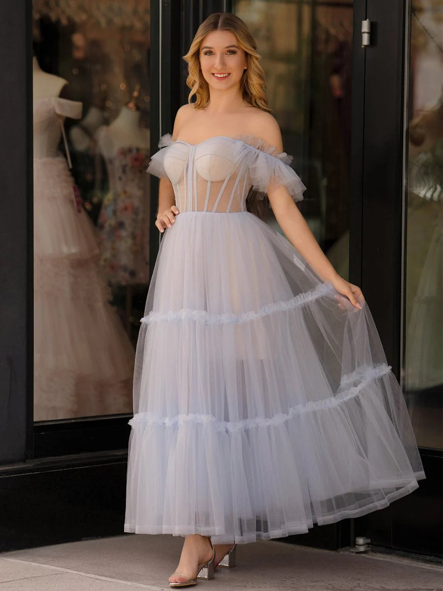 Dusty Blue Off-the-Shoulder Ruffle Tulle Tiered Corset Back Midi Evening Dress