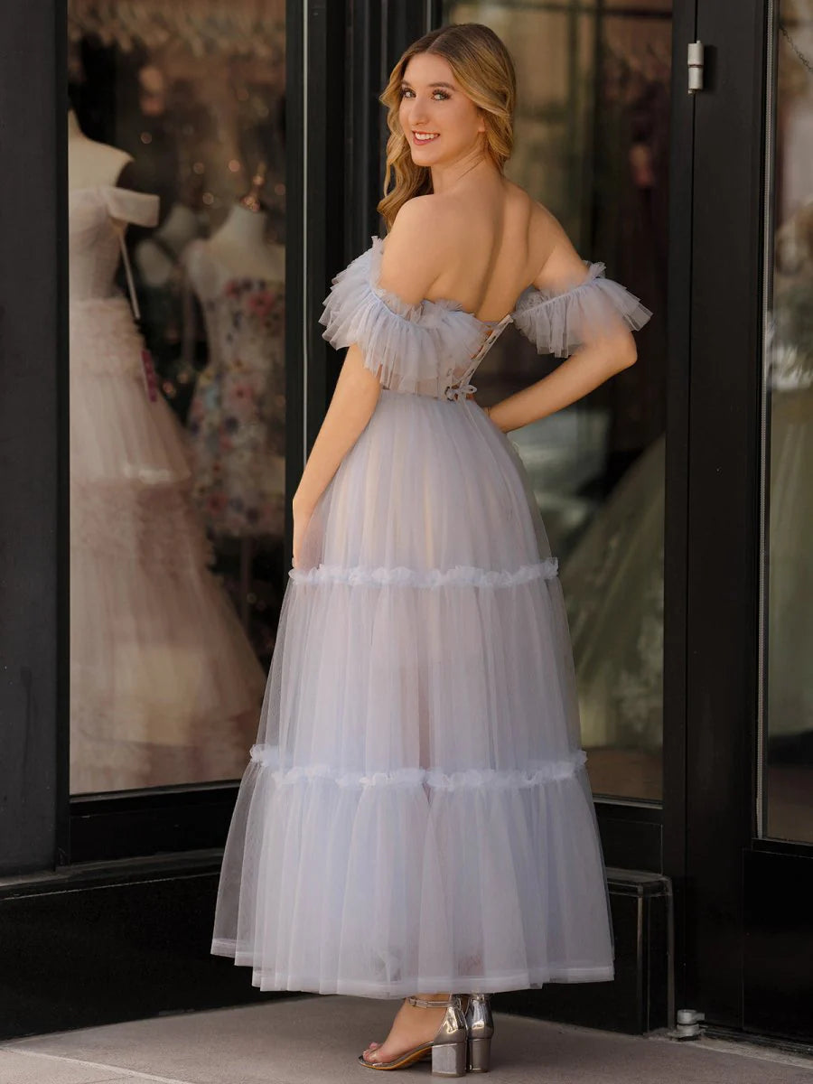 Dusty Blue Off-the-Shoulder Ruffle Tulle Tiered Corset Back Midi Evening Dress