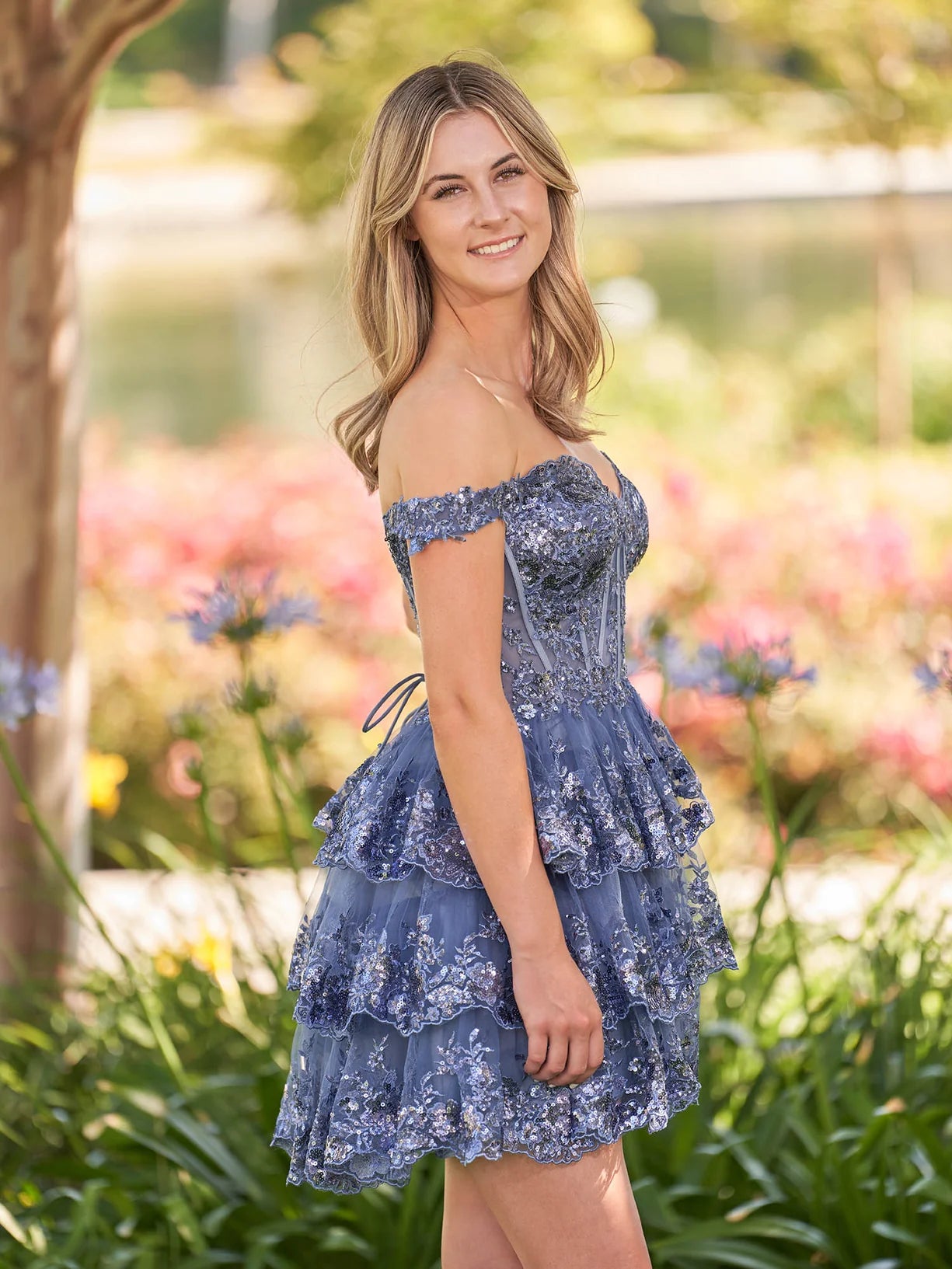 Dusty Blue Off-the-Shoulder Sequin Floral Appliqué Tiered Tulle Lace Up Back Mini Evening Dresses