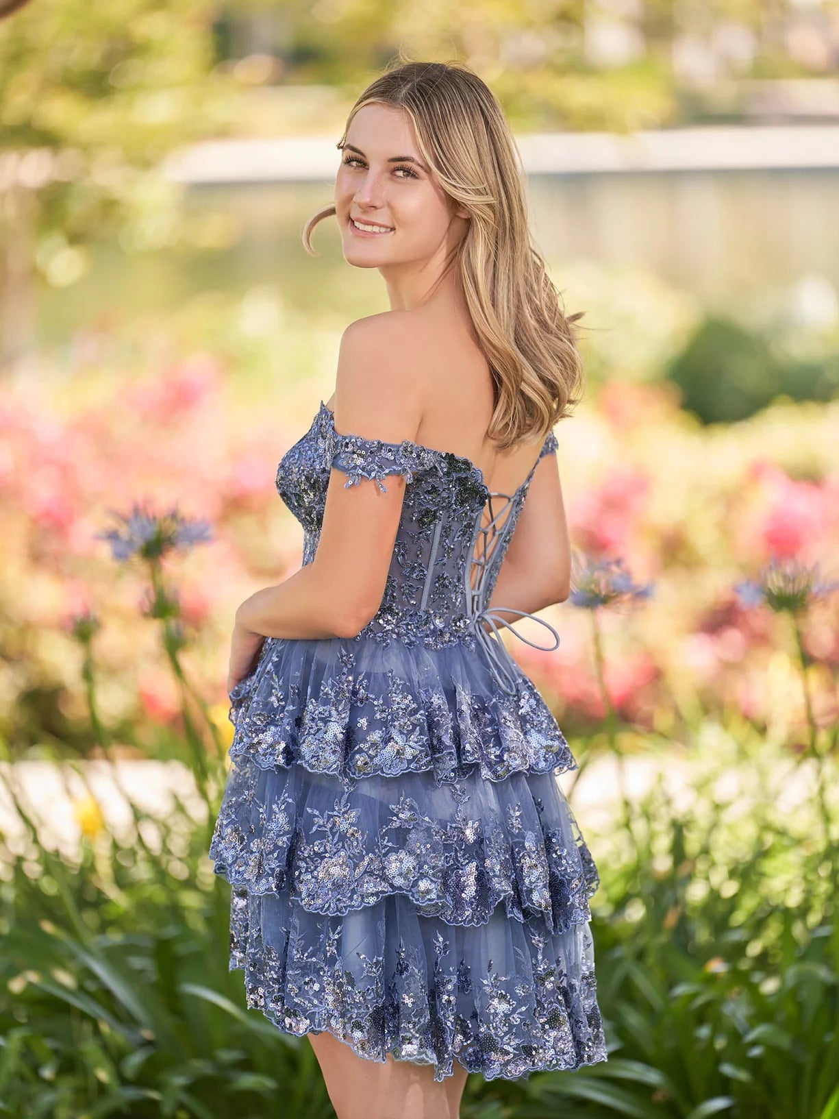 Dusty Blue Off-the-Shoulder Sequin Floral Appliqué Tiered Tulle Lace Up Back Mini Evening Dresses