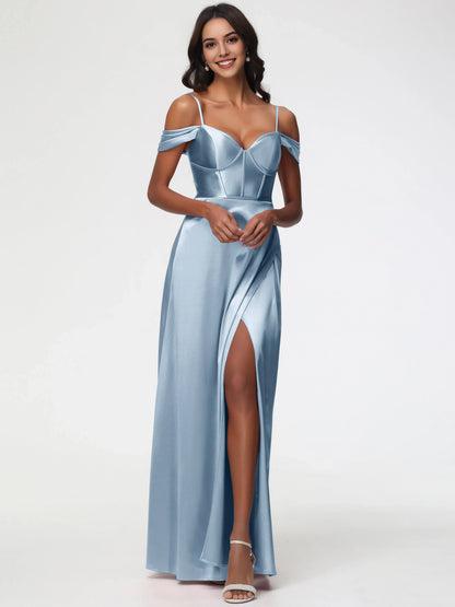 Dusty Blue Prom Off The Shoulder Sweetheart Spaghetti Straps Long Satin Prom Dress