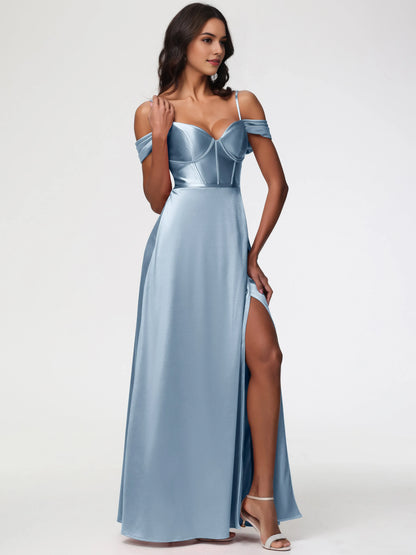 Dusty Blue Prom Off The Shoulder Sweetheart Spaghetti Straps Long Satin Prom Dress