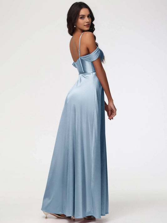 Dusty Blue Prom Off The Shoulder Sweetheart Spaghetti Straps Long Satin Prom Dress